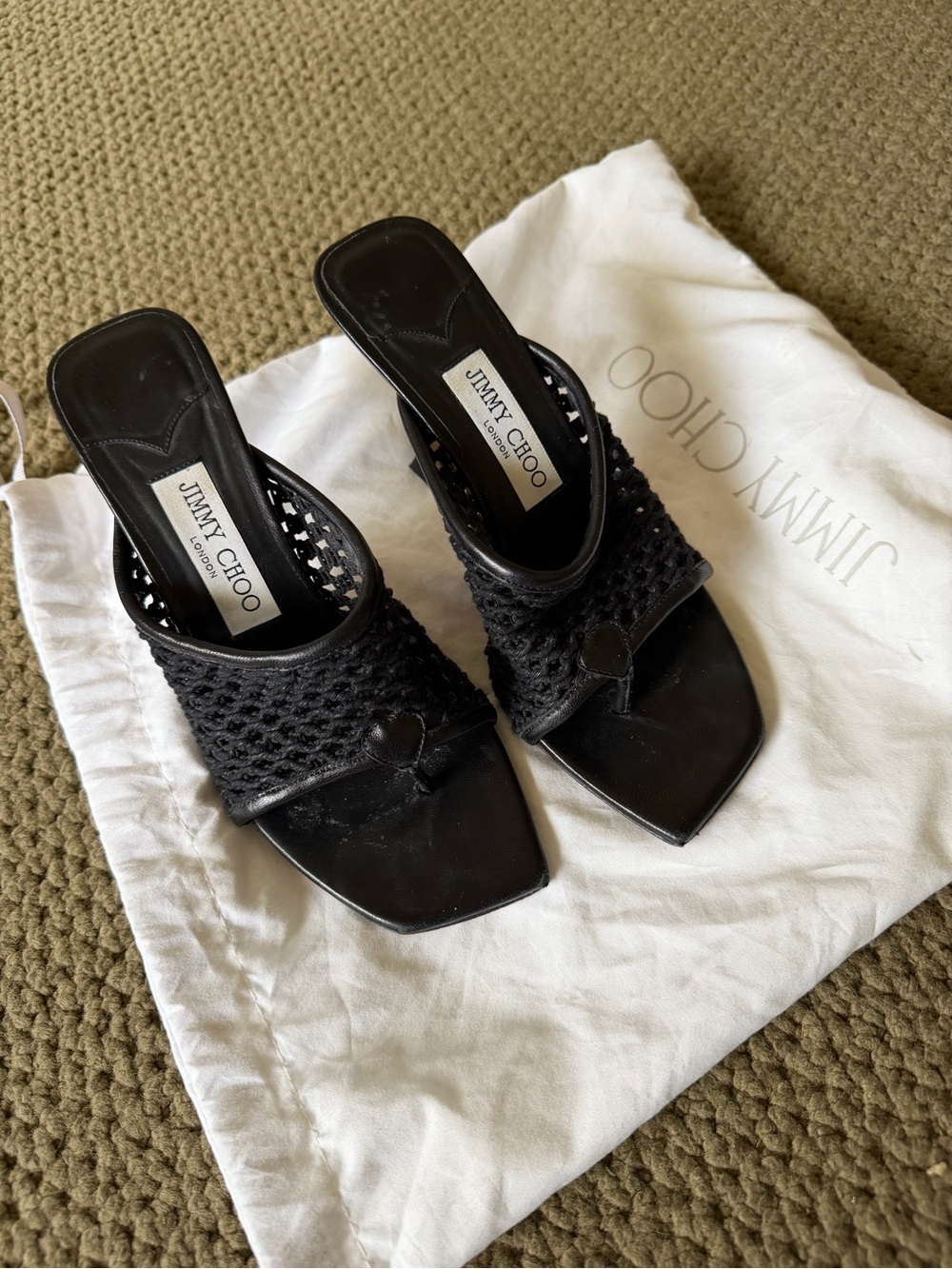 Jimmy Choo Black Woven Leather Slide Mules